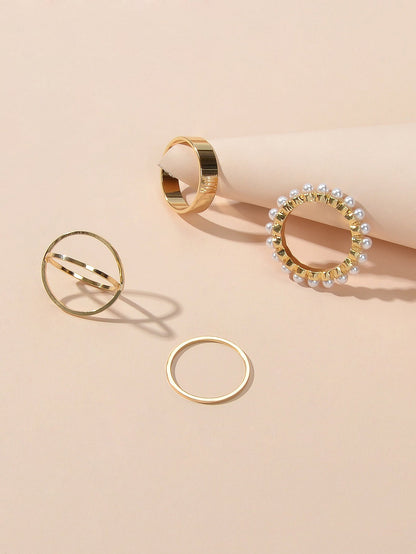 4 pcs Fashion Jewellery Pearl Decor Gold Geometric Midi Finger Knuckle Rings set-3