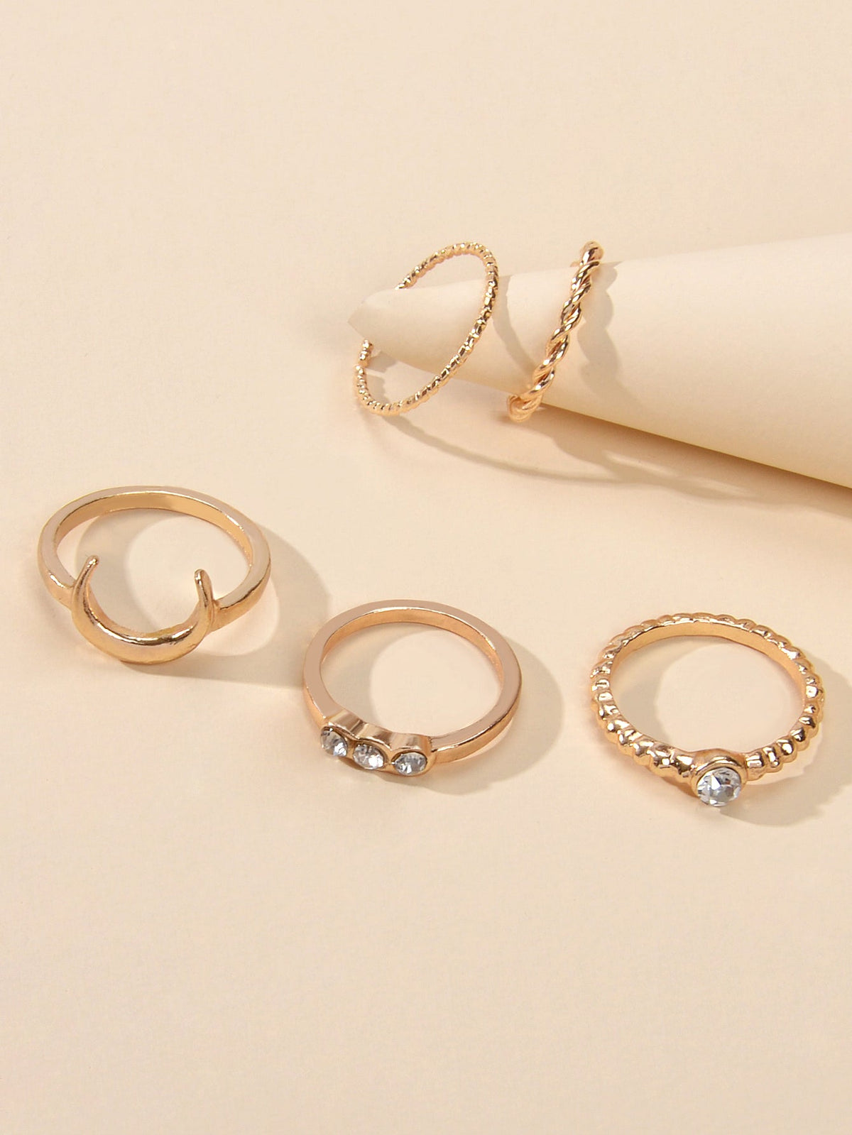 5pcs Fashion Rhinestone Decor Gold Metal Moon Midi Finger Knuckle Rings Set Band-2