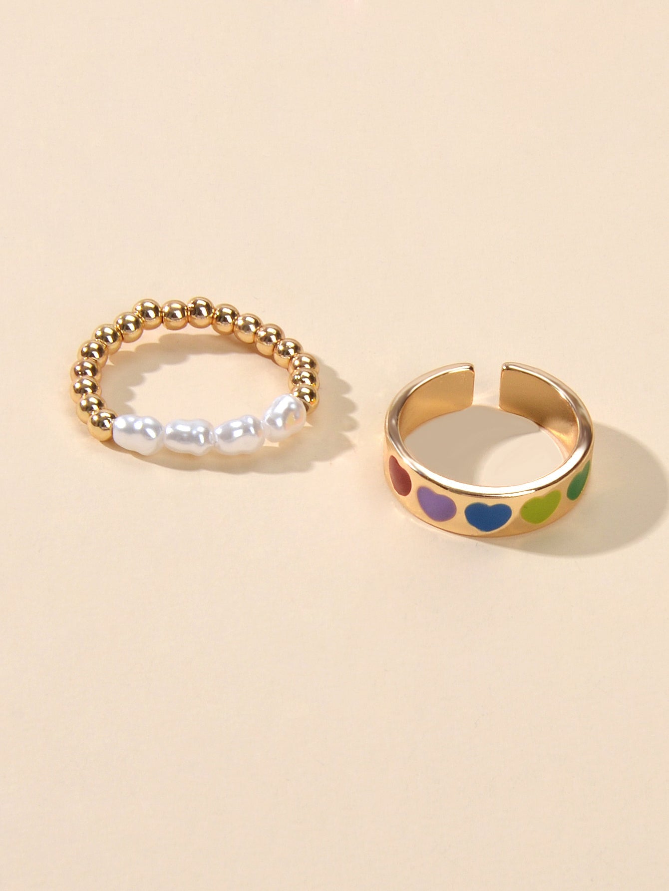 2 pcs Pearl Decor Elastic Ring Colorful Love Heart Enamel Finger Rings Jewellery-3