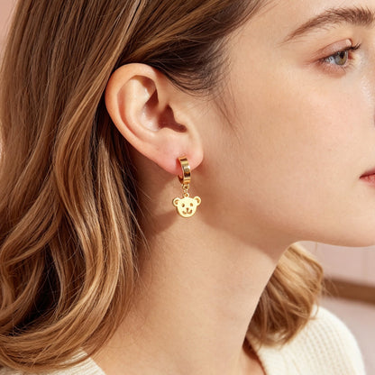 Cartoon Gold Smiley Bear Head Dangle Earrings Cute Animal Element Jewelry Birthday Gift-1