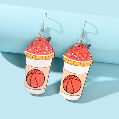 Funny Basketball Pattern Drink Shape Wood Dangle Earrings Sports Jewellery Gifts-0