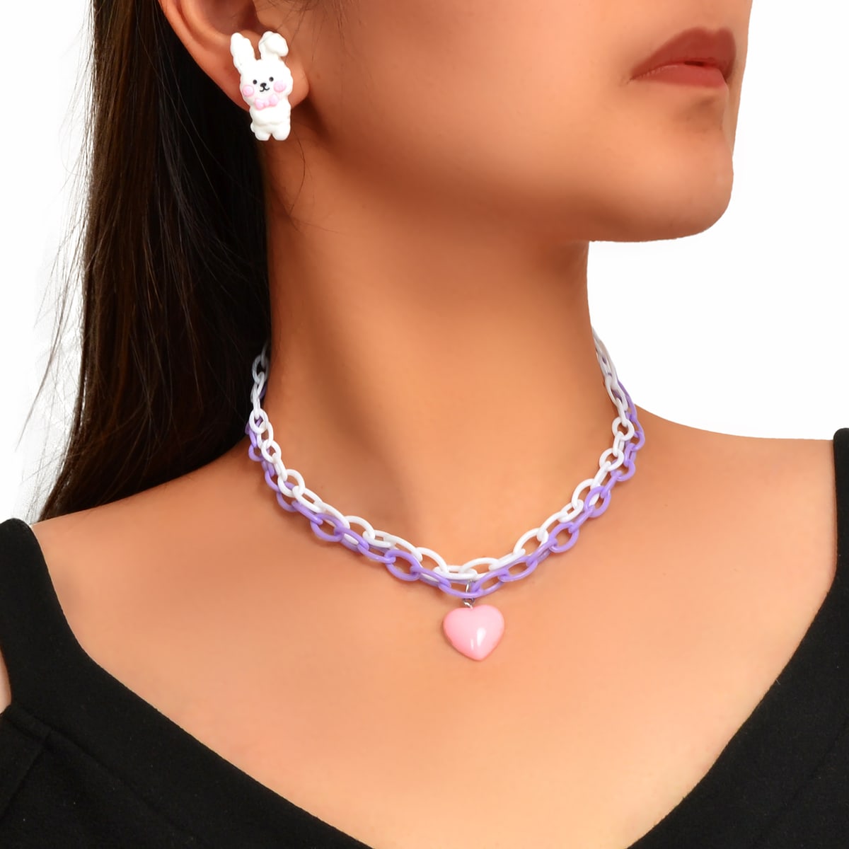 Colorful Resin Chain Heart Pendant Necklace & Bunny Earrings Easter Jewelry Set-0