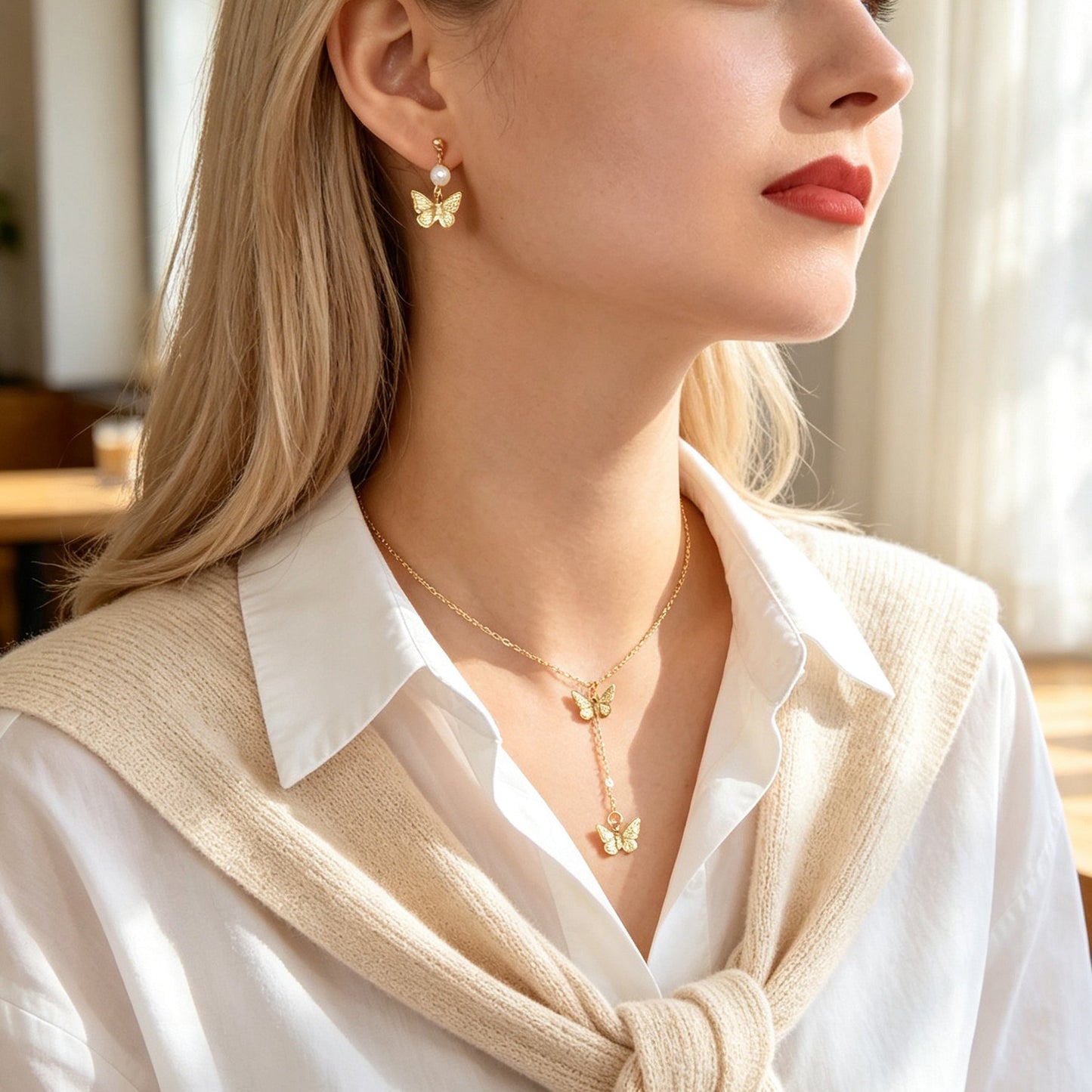 Gold Butterfly Set Y Drop Necklace Pearl Dangle Earrings Wedding Party Accessory-1