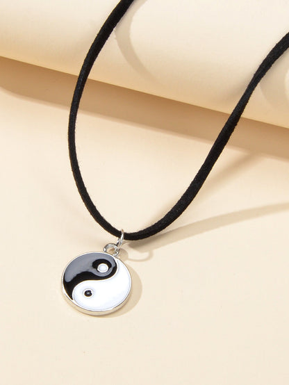 Black Cord Enamel Yin Yang Tai Chi Round Pendant Necklace PU Leather Rope Collar-3