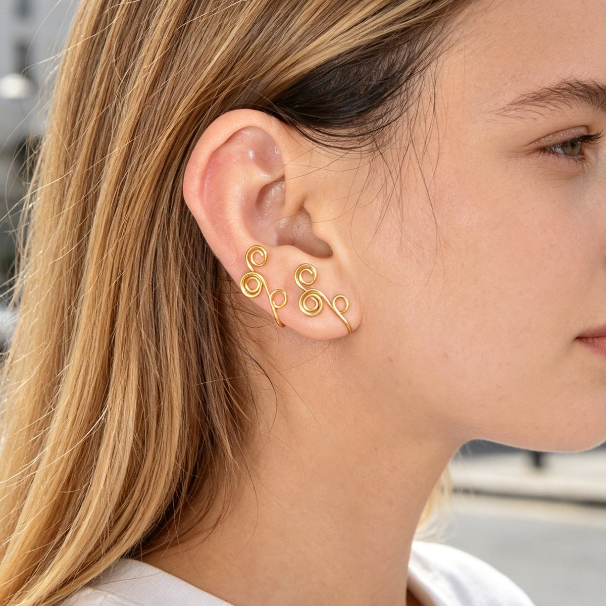 2pcs Gold Ear Cuff Clip‑on Earrings No Piercing Swirl Wire Design Retro Jewelry-0