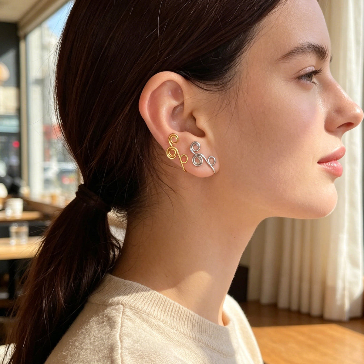 2pcs Minimalist Gold Silver Handmade Wire Triple Spiral Geometric Ear Clip Cuff-0