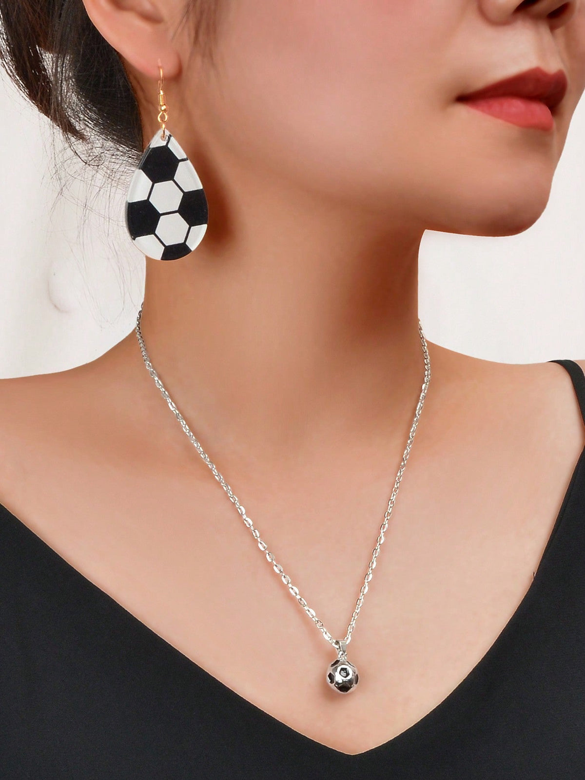 Sporty Soccer Pendant Necklace & Earrings Set - Kick up Your Style Game Jewelry-0