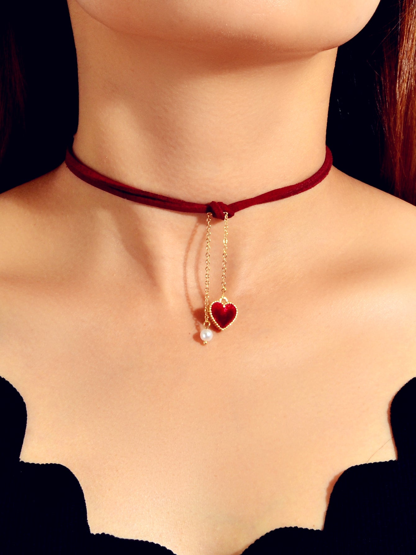 AU Stock Double Layers Red Cord Love Heart Fringe Necklace Tassel Pearl Choker-0
