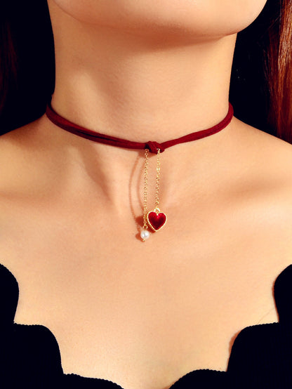 AU Stock Double Layers Red Cord Love Heart Fringe Necklace Tassel Pearl Choker-0