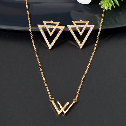 Double V Pendant Necklace with Triangle Earrings Set Chic Stylish Jewellery Gift-0