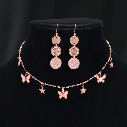 Black Butterfly Star Pendant Necklace Round Disc Earrings Elegant Jewellery Set-3