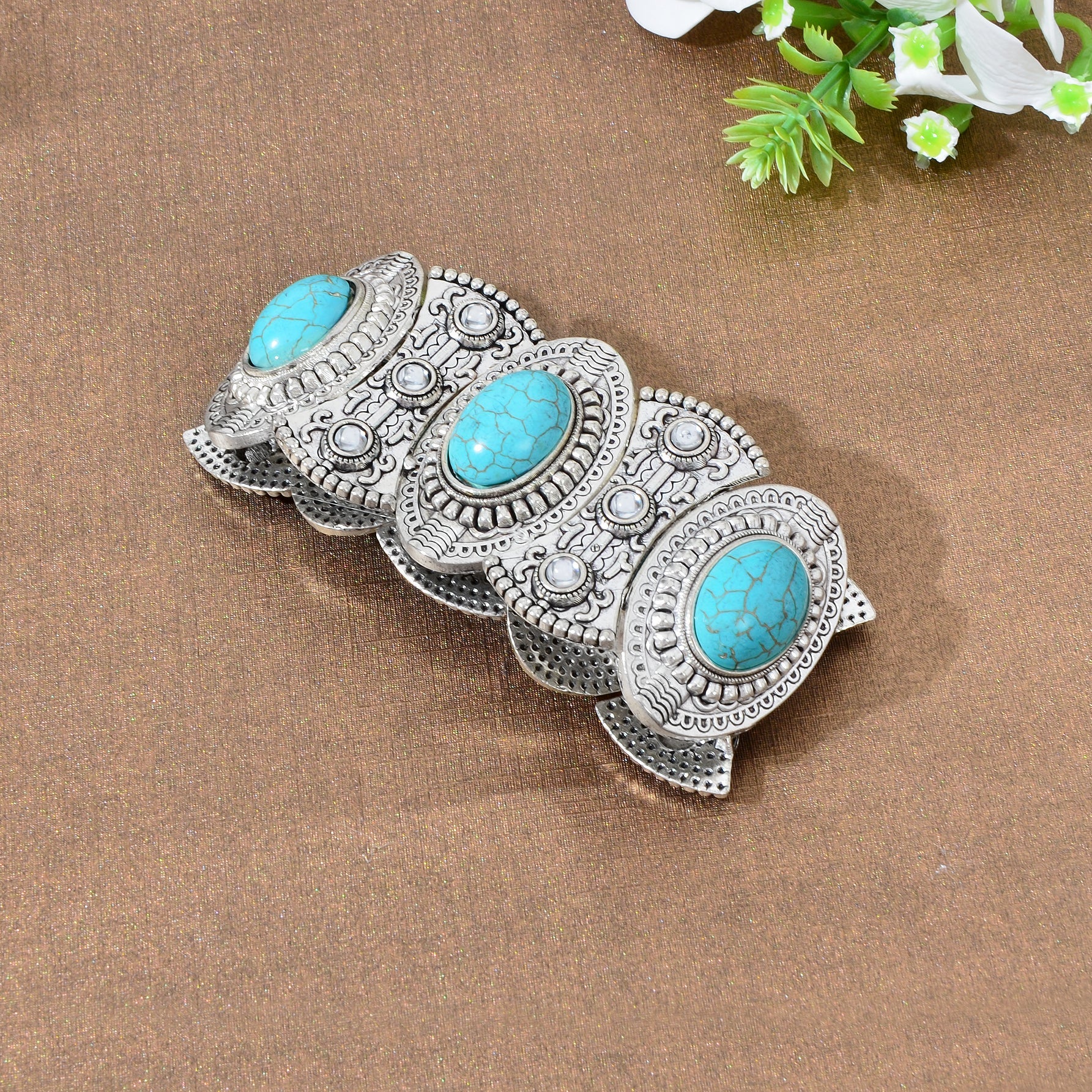Turquoise Decor Carved Antique Silver Wide Chunky Bohemia Elastic Bangle-1