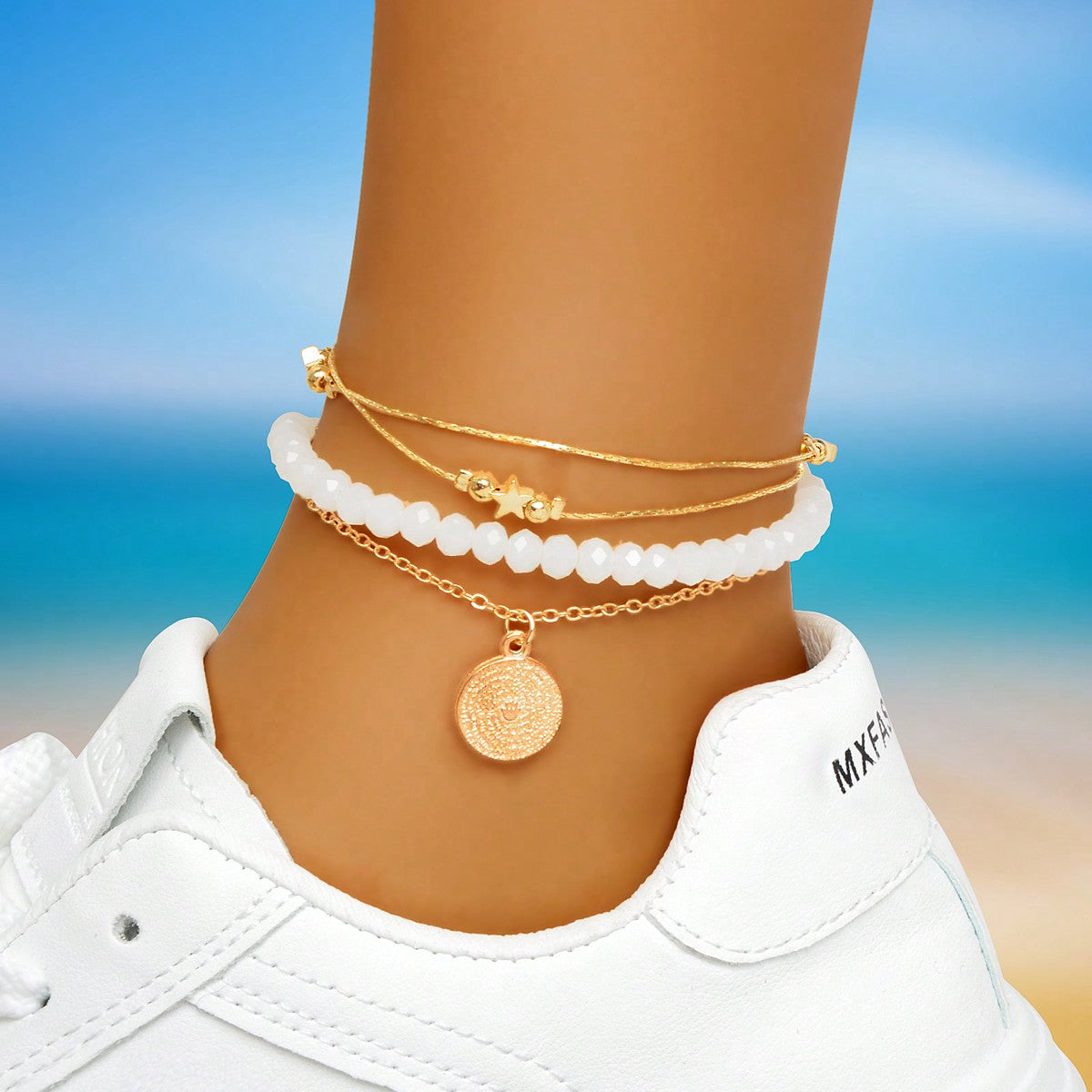 Beach Bliss Set of Two Multi-Layered Anklets Perfect for Vacation Vibes Jewelry-0