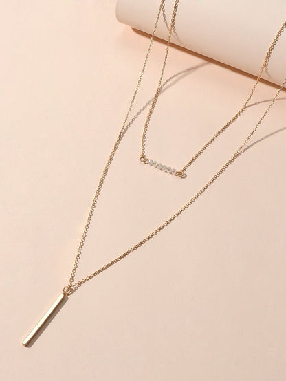 Feelontop Beads Decor Gold Silver Double layer Chain Bar Charm Necklace Jewelry-1
