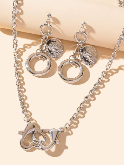 Silver Heart Pendant Necklace with Circle Pendant Earrings Elegant Jewellery Set-0