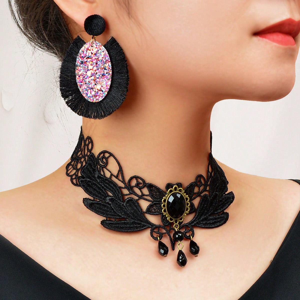 Black Punk Lace Short Necklace with Tassel Earrings Edgy Choker Jewellery Set-0