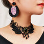 Black Punk Lace Short Necklace with Tassel Earrings Edgy Choker Jewellery Set-0