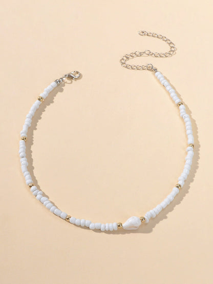 Feelontop Handmade Elegant Boho Seed Beads White Shell Necklace Choker Collar-1