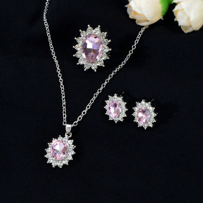 Crystal Flower Necklace Stud Earrings Finger Ring Luxury Wedding Jewellery Set-4