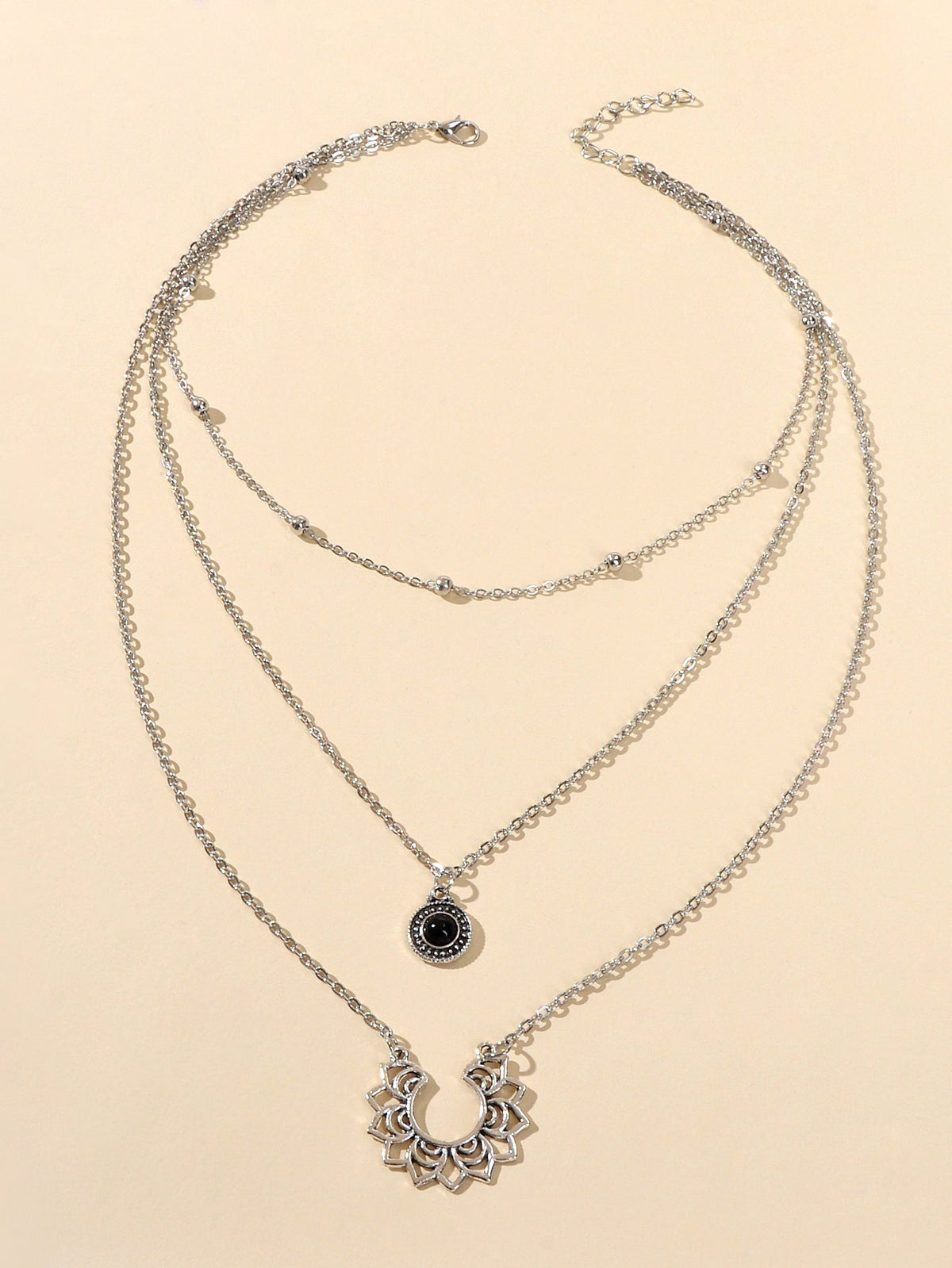 Tribal Ethnic Silver Multi-layer Chain Black Beads Geometric Pendant Necklace-2