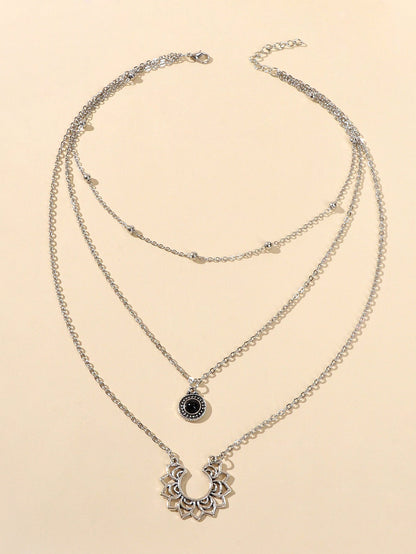 Tribal Ethnic Silver Multi-layer Chain Black Beads Geometric Pendant Necklace-2