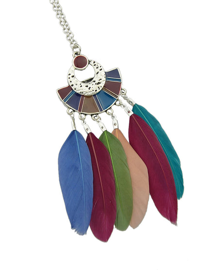 Ethnic Bohemian Traditional Jewellery Silver Long Chain Feather Shape Necklace-3