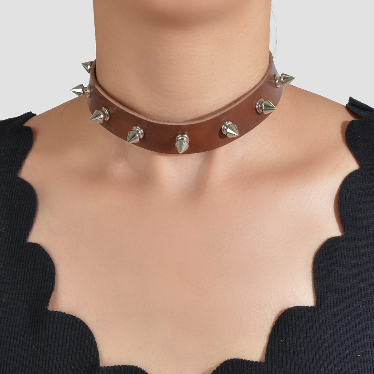 Have one to sell? Sell it yourself Punk Rock Spike Decor Black Pu Leather Belt Design Adjustable Choker Necklace-5