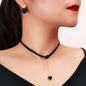 Black Heart Pendant Layered Necklace Earrings Set Elegant Jewelry Ensemble Gift-0
