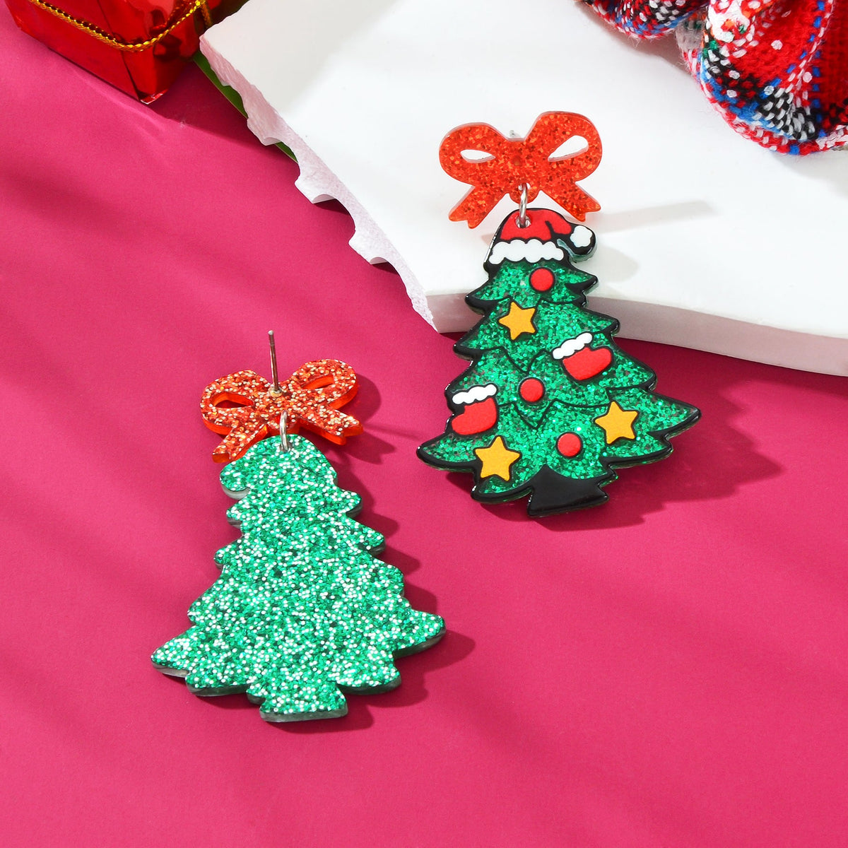 Shining Sequin Decor Acrylic Bow Christmas Tree Dangle Earrings Festival Jewelry-2