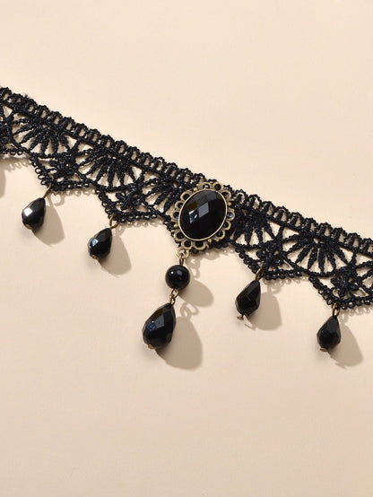Water Drop Charm Black Lace Retro Gothic Women Choker 90s Halloween Necklace-2