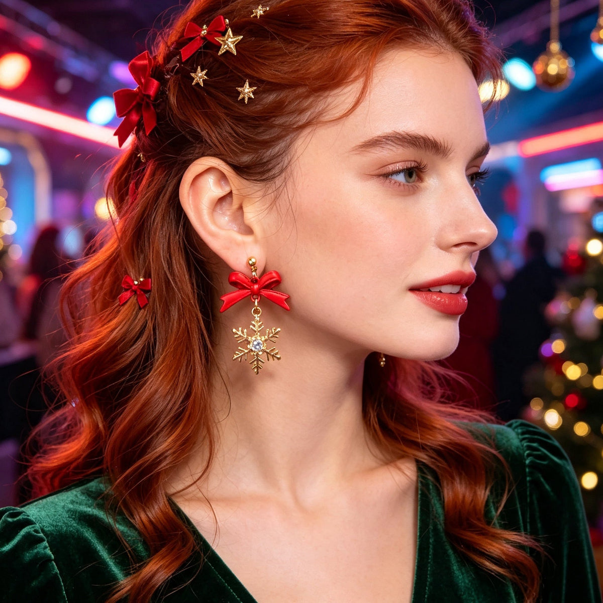 Christmas Sweet Red Bow Gold Snowflake Dangle Earring Xmas Holiday Party Jewelry-0