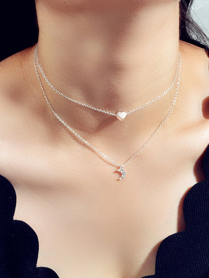AU Local Rhinestone Double layered Chain Love Heart Moon Necklace Party Jewelry-4