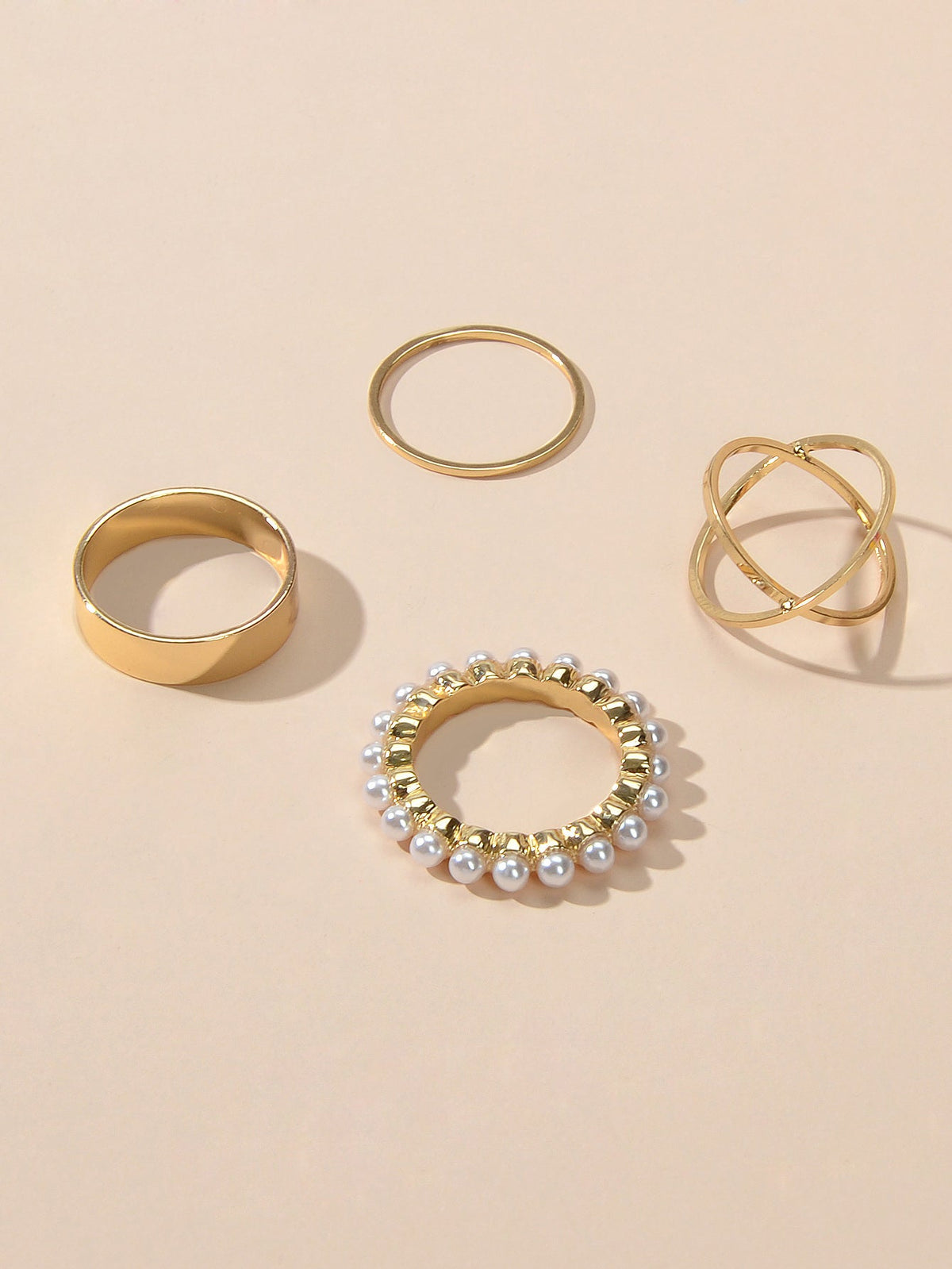 4 pcs Fashion Jewellery Pearl Decor Gold Geometric Midi Finger Knuckle Rings set-1