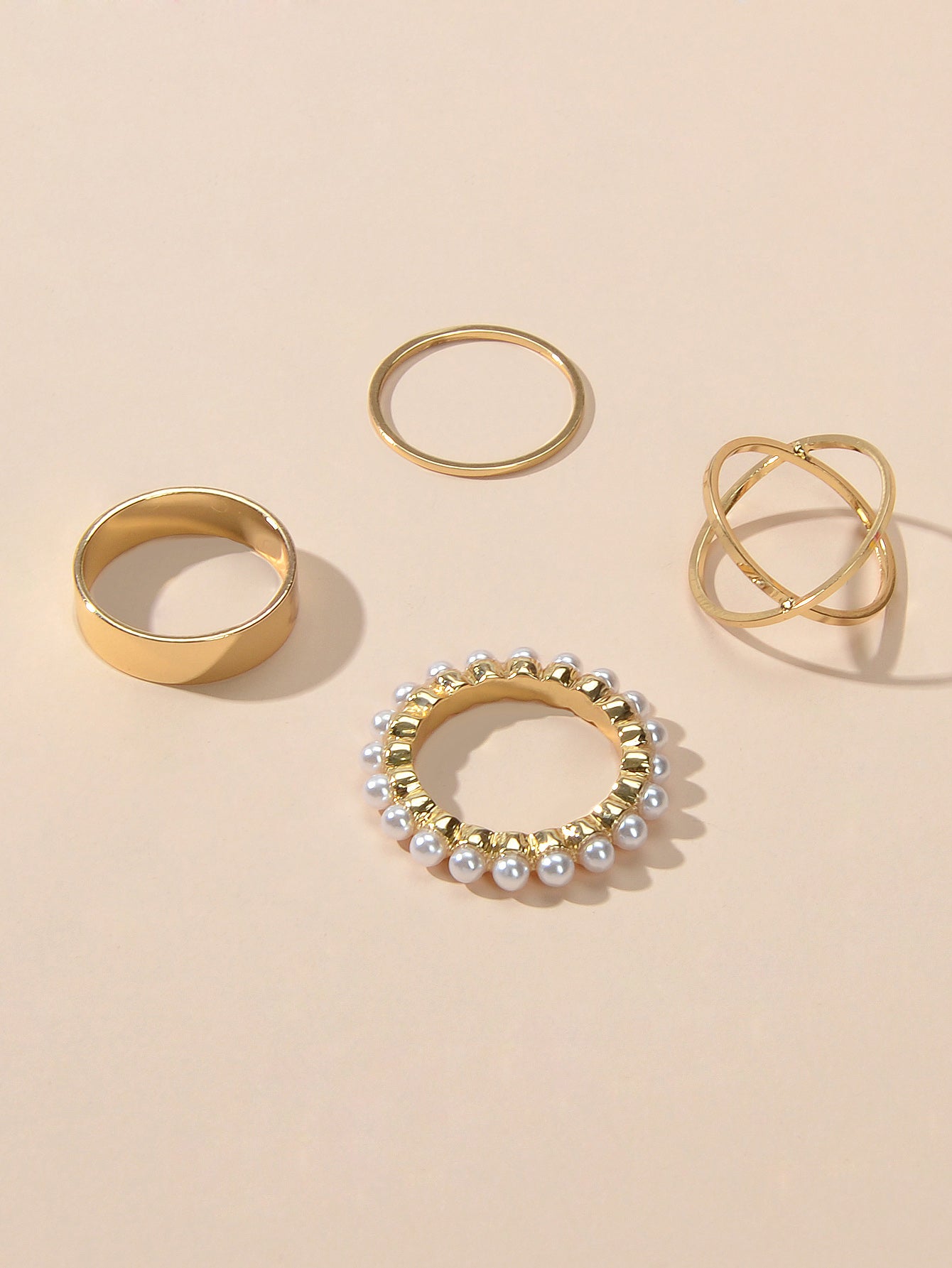 4 pcs Fashion Jewellery Pearl Decor Gold Geometric Midi Finger Knuckle Rings set-1