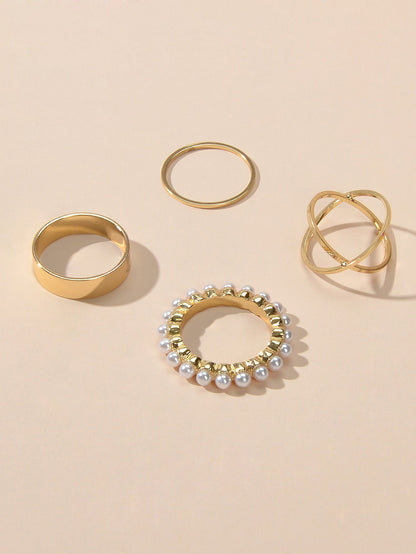 4 pcs Fashion Jewellery Pearl Decor Gold Geometric Midi Finger Knuckle Rings set-1