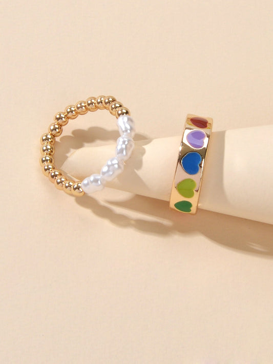 2 pcs Pearl Decor Elastic Ring Colorful Love Heart Enamel Finger Rings Jewellery-1