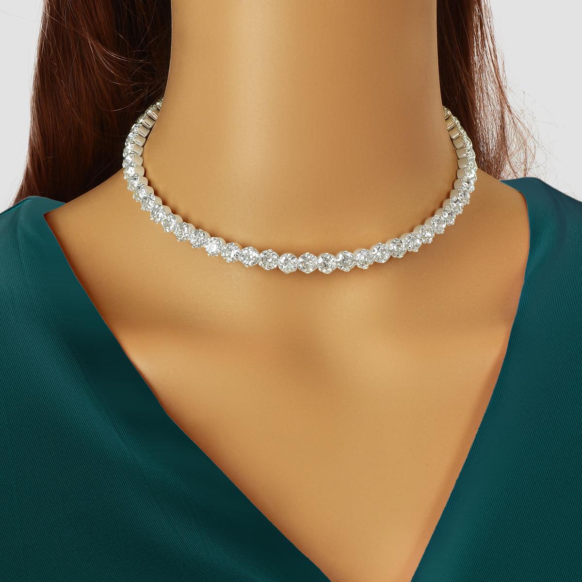 Silver Short Necklace Full Diamond Embellishment Choker-0