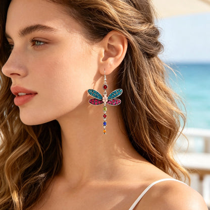 Sparkling Colorful Dragonfly Dangle Earrings Boho Beach Vacation Party Jewelry-0