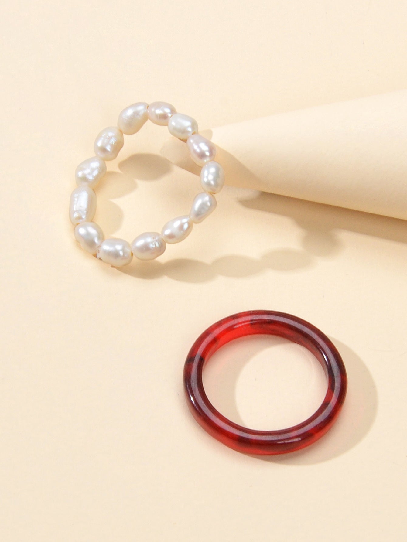 Feelontop 2pcs Pearl Elastic Retro Green Red Acrylic Ring New Women Accessories-5