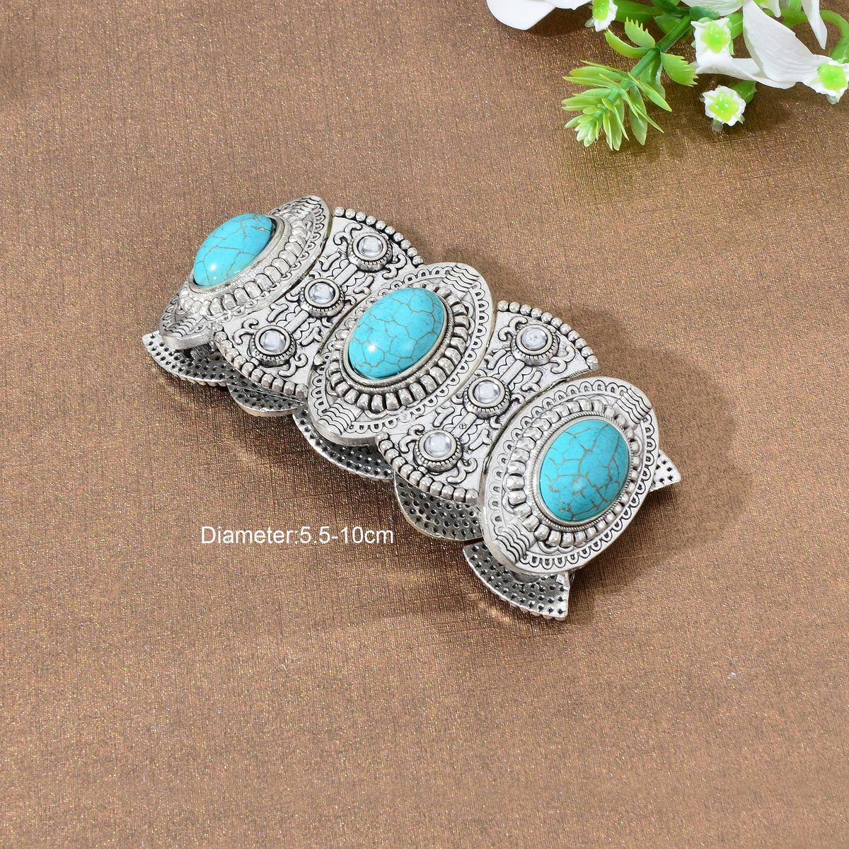 Turquoise Decor Carved Antique Silver Wide Chunky Bohemia Elastic Bangle-2