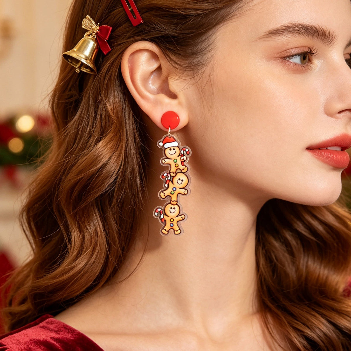 Festive Christmas Stacked Gingerbread Man Earrings Cute Holiday Party Accessory-0
