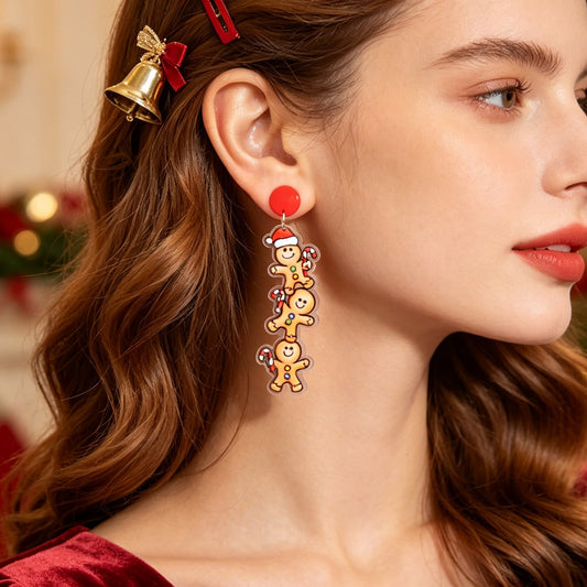 Festive Christmas Stacked Gingerbread Man Earrings Cute Holiday Party Accessory-0