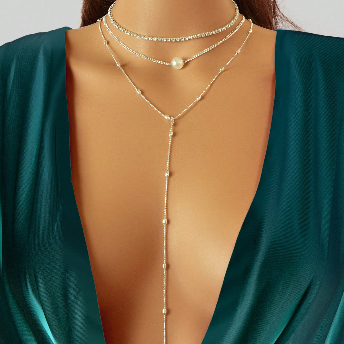 Silver Triple-Layer Chain Long Tassel Necklace Elegant Statement Piece-0