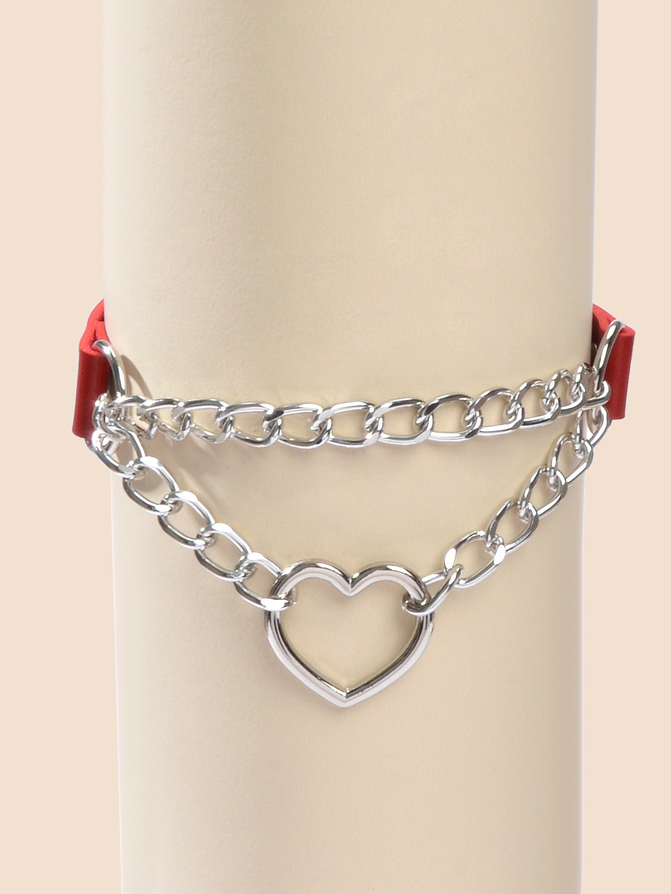 Double Layer Chunky Silver Chain Heart Charm Sexy Leather Choker Grunge Collar-4