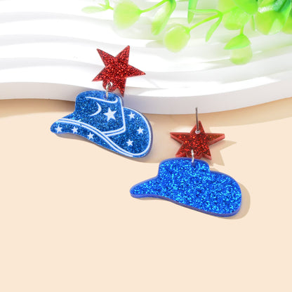 Designer Stylish Sequins Red Star Blue Cowboy Hat Acrylic Earrings Party Jewellery-2