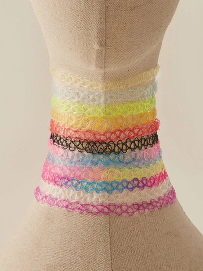 Multicolor 12pcs Set Elastic Boho 90s Tattoo Choker Retro Hippy Stretch Necklace-4