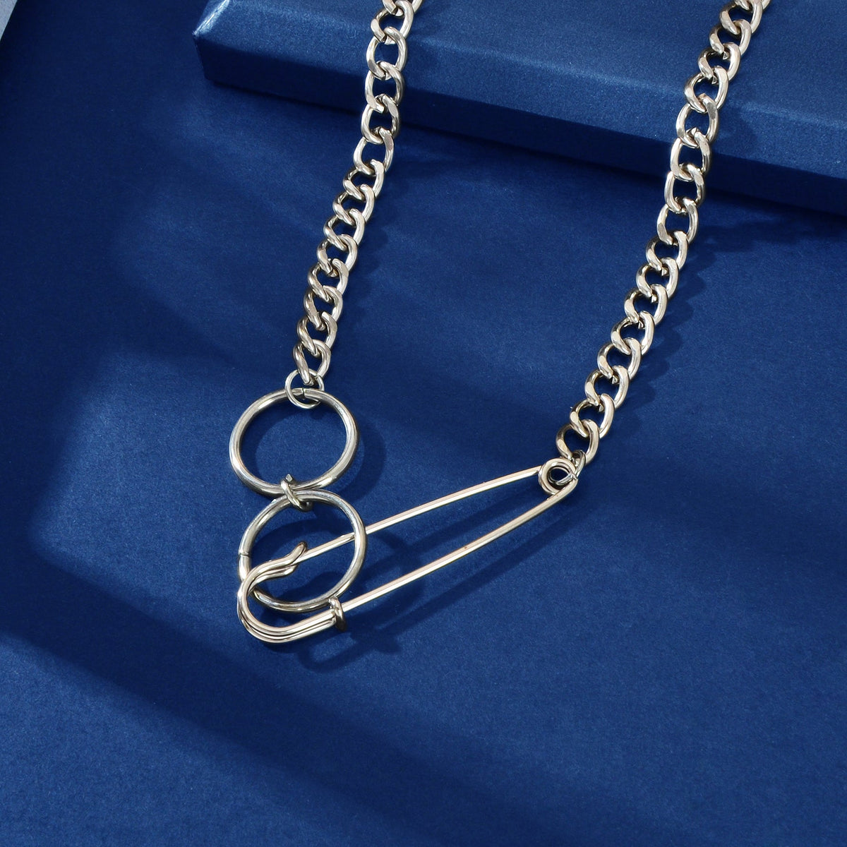 Gothic Street Silver Safety Pin Y-Shaped Punk Cuban Chain Ring Pendant Necklace-3