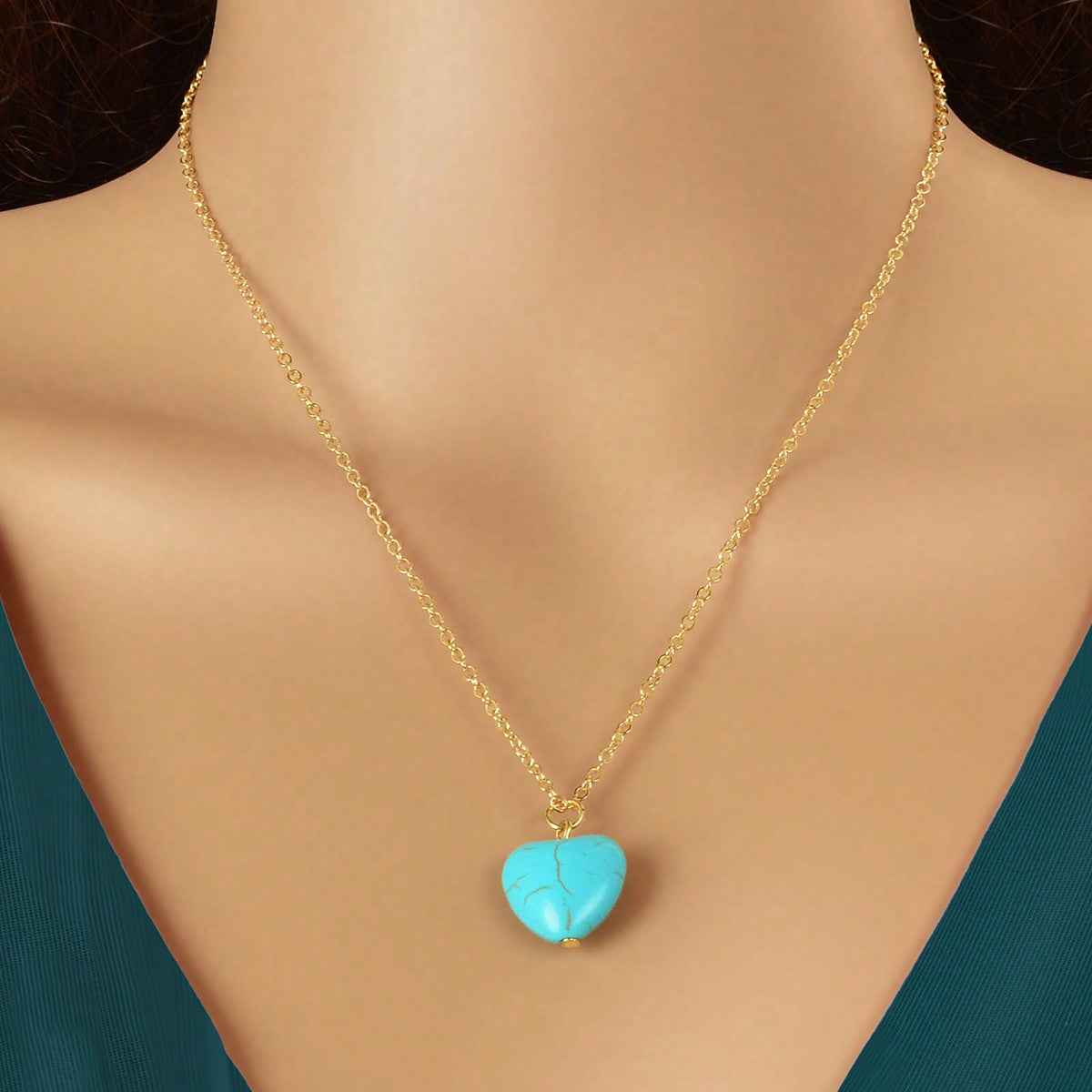 Fashion Gold Chain Turquoise Love Heart Pendant Necklace Boho Ethnic Accessories-0