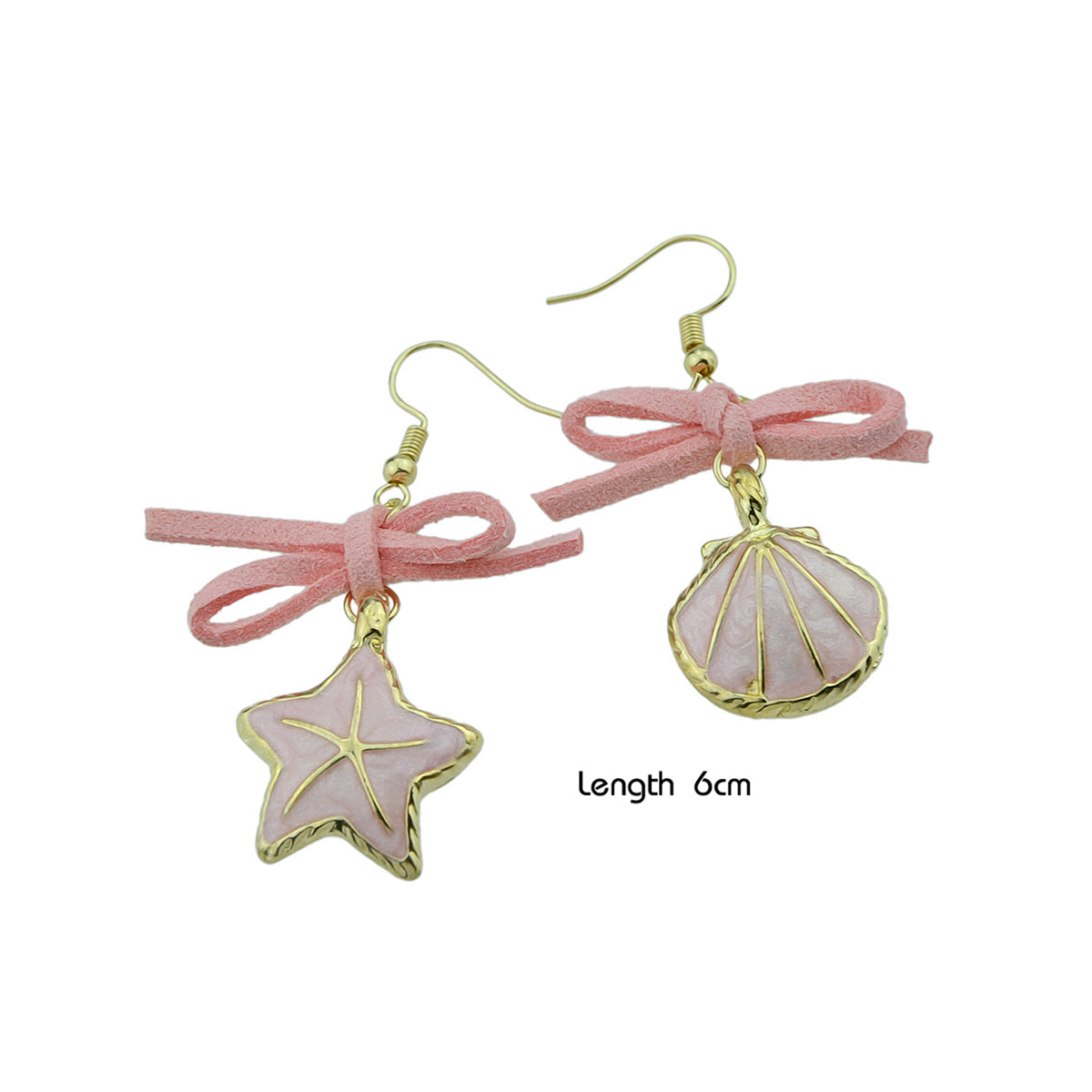 Asymmetric Design Pink Bowknot Enamel Shellfish Starfish Drop Boho Chic Earrings-2