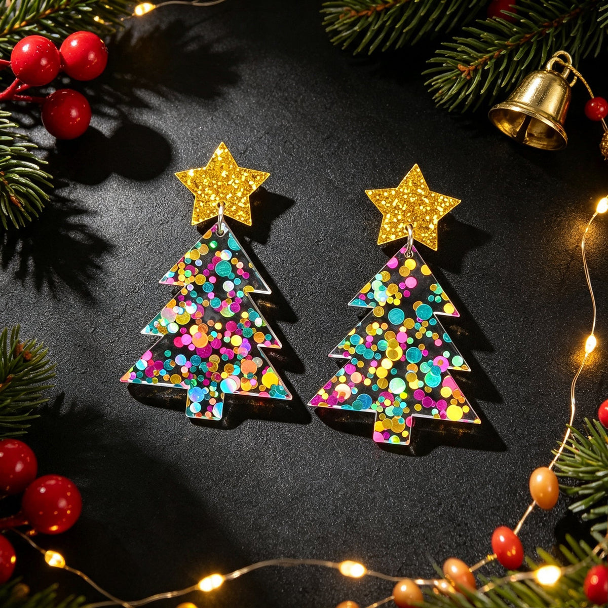 Christmas Tree Dangle Earrings Glitter Star Acrylic Colorful Xmas Party Jewelry-1